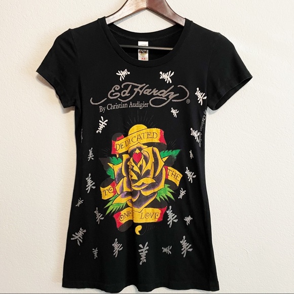 Ed Hardy Tops - Ed Hardy by Christian Audigier Dedicated To The One I Love Black T-Shirt Size XS